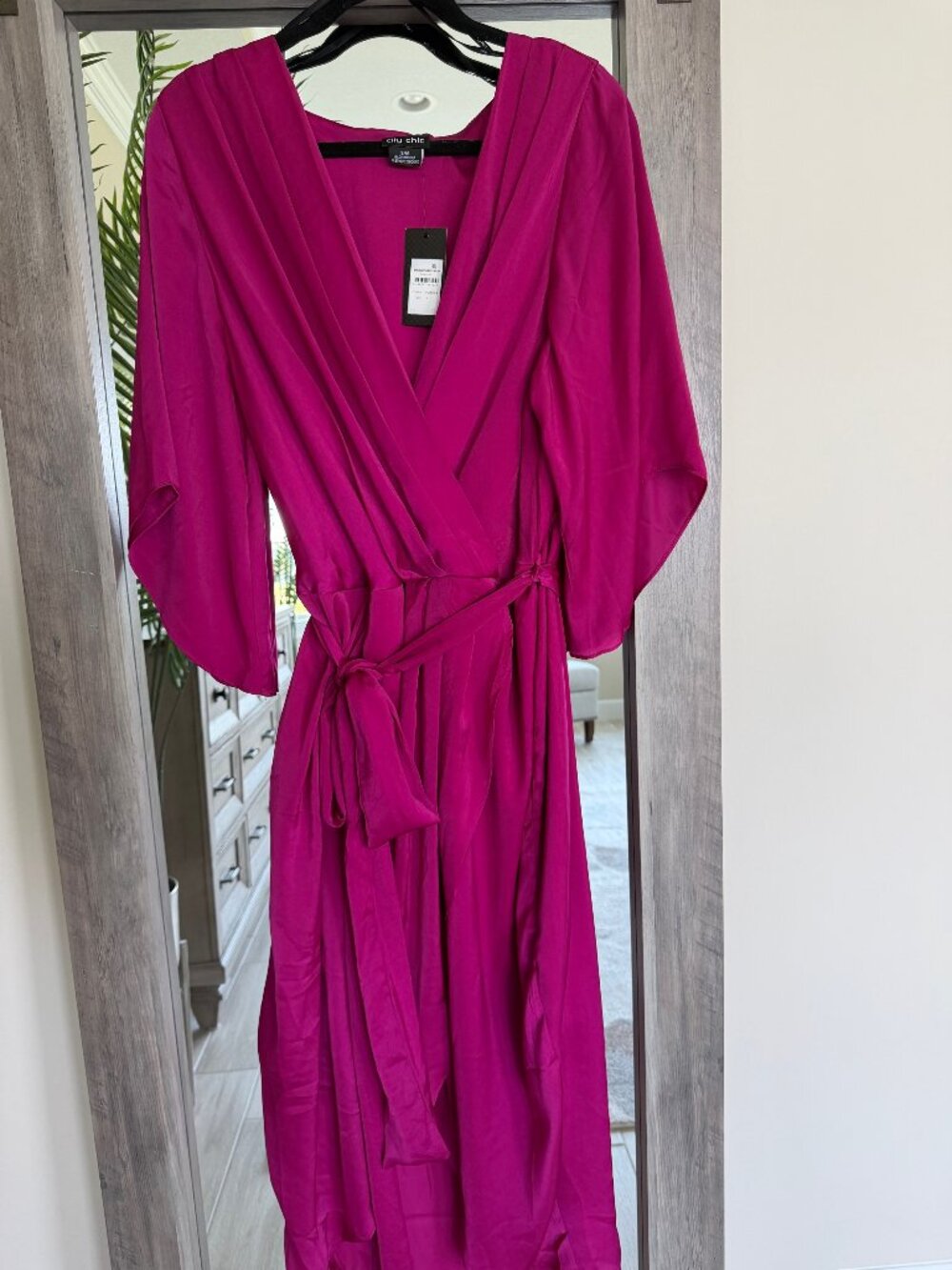🌸 NWT City Chic Opulent Satin Faux Wrap Midi Dress Fuchsia Pink Size S/16 ✨